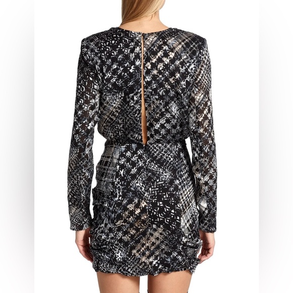Ramy Brook Myla Mini Dress Black Houndstooth Burnout Multi Ruched Faux Wrap NWT - Picture 8 of 16
